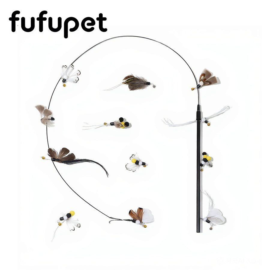 Interactive Cat Teaser Wand Set with Replaceable Feather Bell Toys | Natural Insect Design Cat Toy for Indoor Cats Kitten Hunting & Exercise