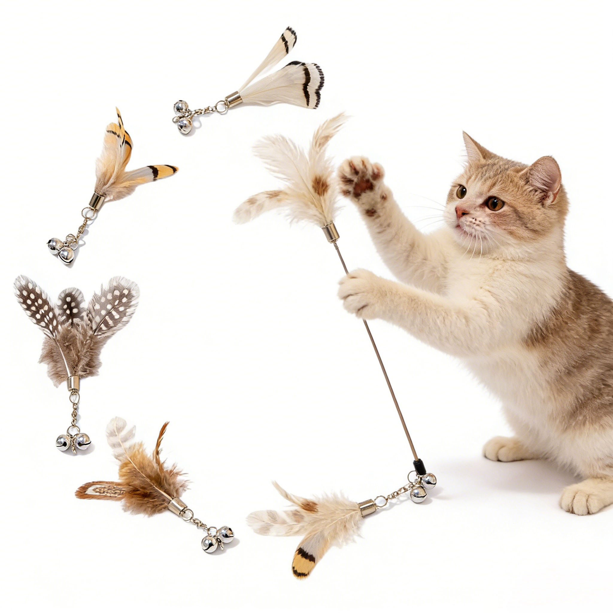Natural Feather Cat Toy Refill with Bell – Interactive Cat Wand Replacement Head for Kitten Play & Hunting Training