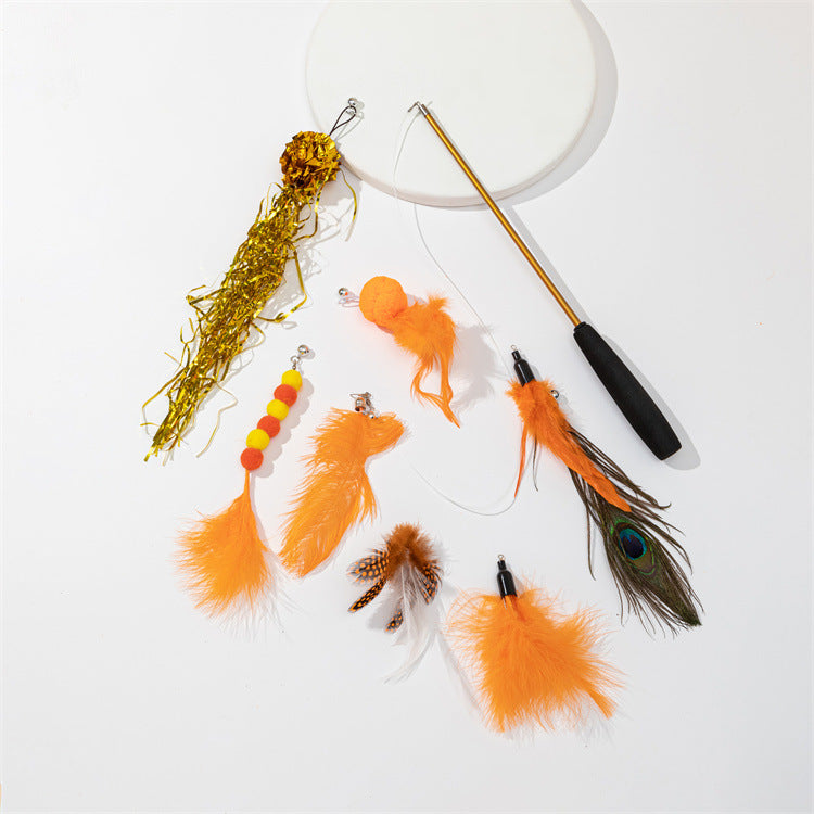 3-Section Retractable Cat Wand Toy with Feather, Crinkle Paper & Bell Ball Attachments, Interactive Teaser for Indoor Cats Kittens