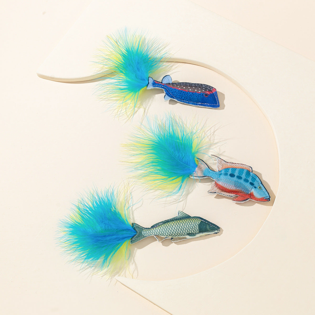 3 Pack Plush Fish Cat Toys with Fluffy Feather, Durable Cat Chew Toys for Kitten Teething, Cat Enrichment Gift