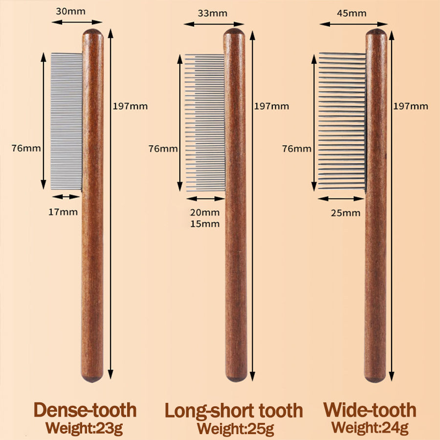 Wooden Handle Pet Grooming Comb, Professional Cat &amp; Dog Dematting Comb with Stainless Steel Teeth, Dense/Wide/Dual-Length Teeth Options for Detangling, Removing Loose Hair &amp; Fleas