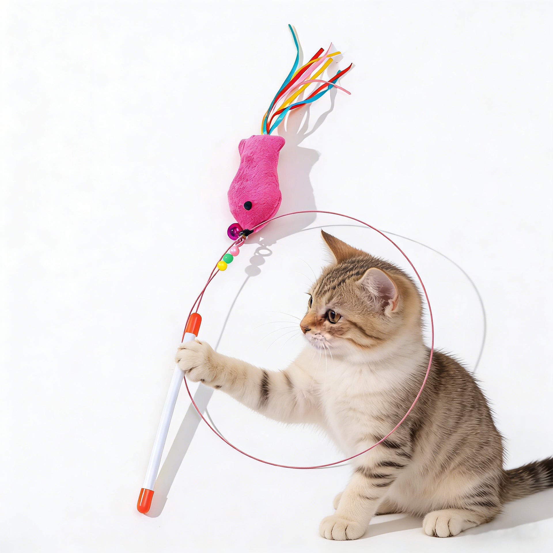 37.4" Durable Steel Wire Cat Teaser Wand | Interactive Feather/Mouse Cat Toy with Bell