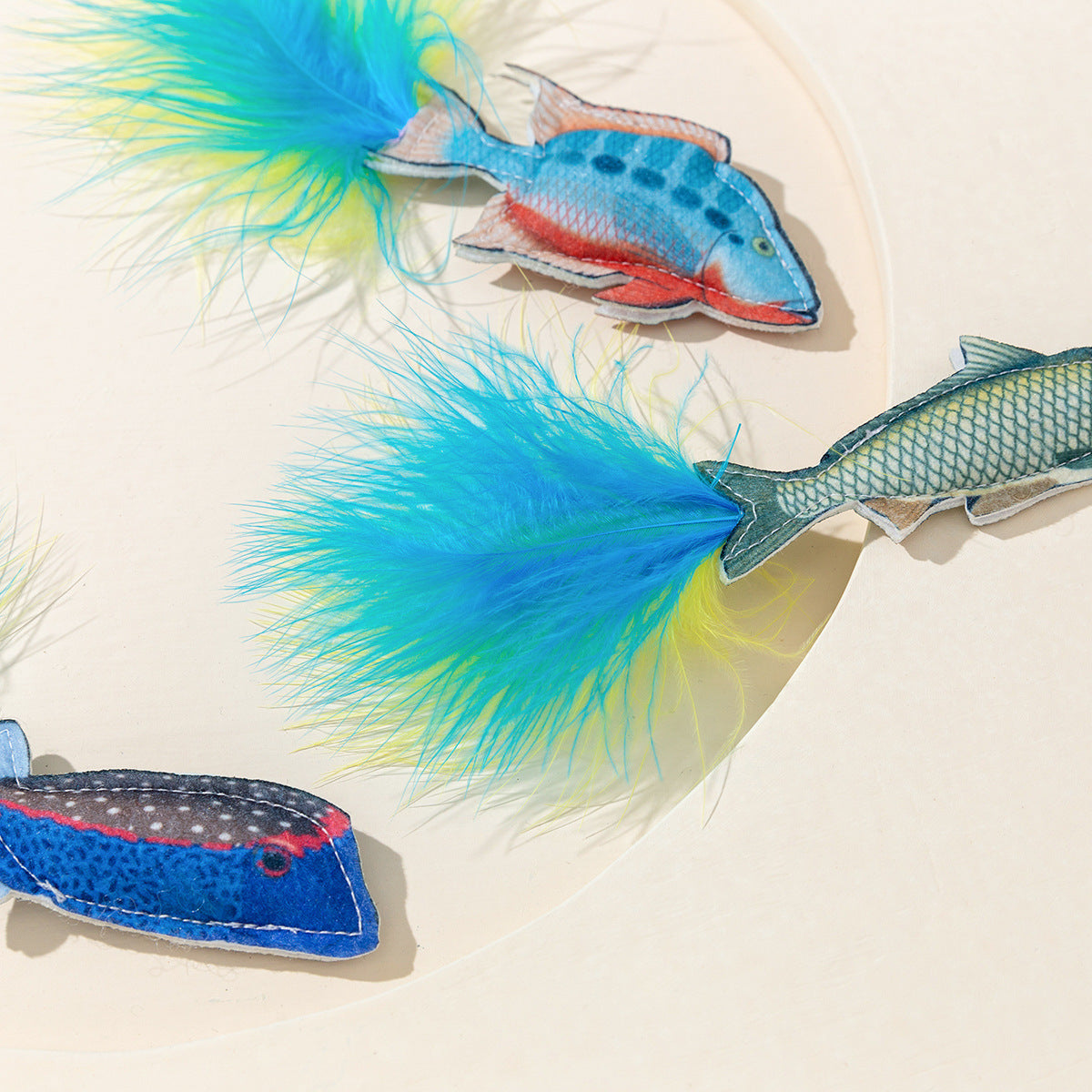 3 Pack Plush Fish Cat Toys with Fluffy Feather, Durable Cat Chew Toys for Kitten Teething, Cat Enrichment Gift