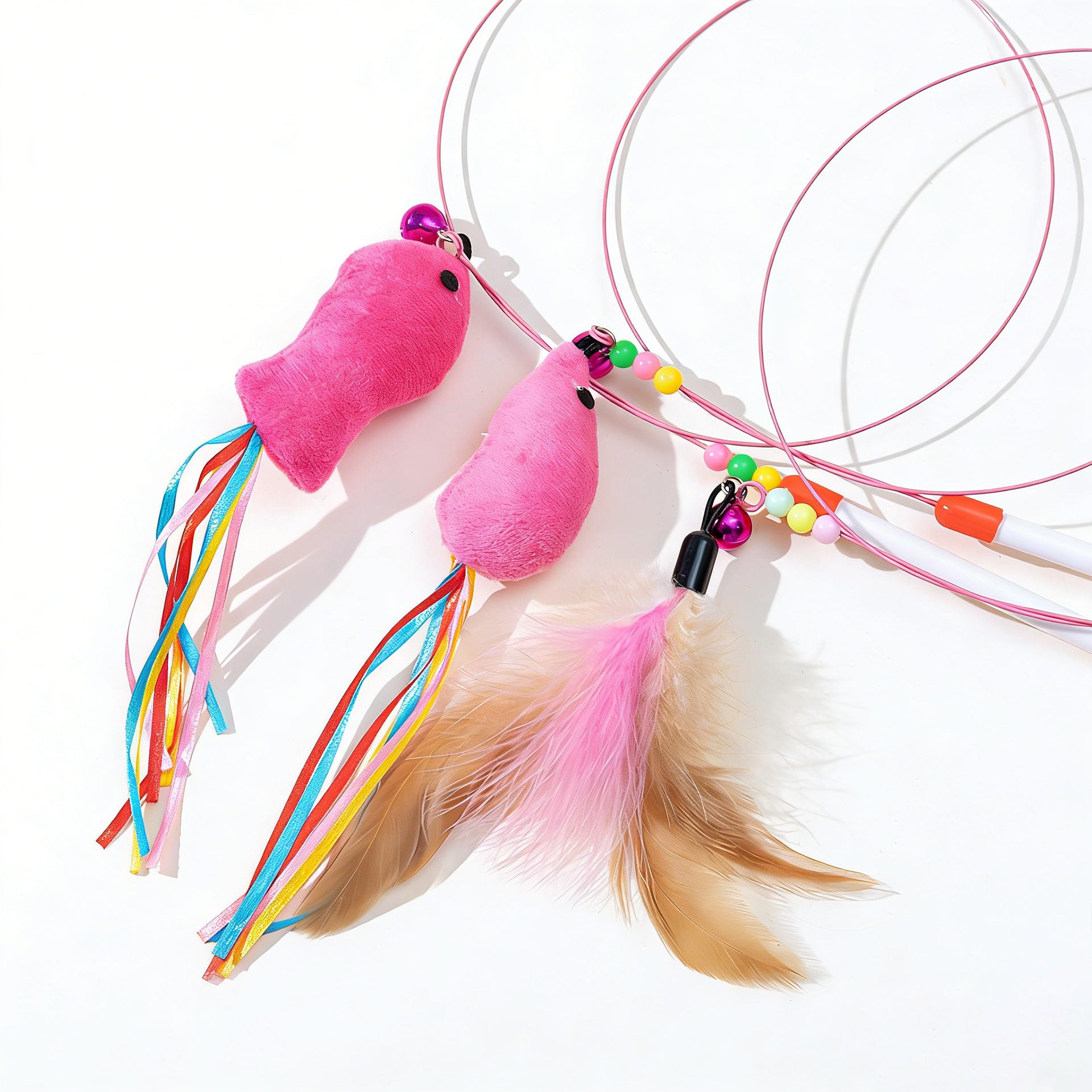 37.4" Durable Steel Wire Cat Teaser Wand | Interactive Feather/Mouse Cat Toy with Bell