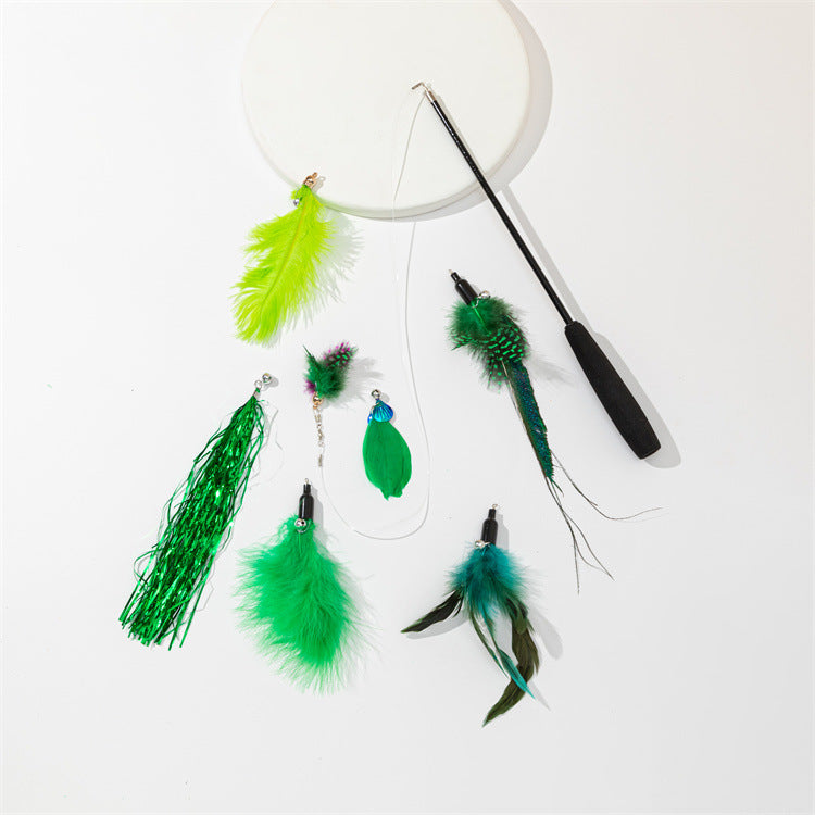 3-Section Retractable Cat Wand Toy with Feather, Crinkle Paper & Bell Ball Attachments, Interactive Teaser for Indoor Cats Kittens