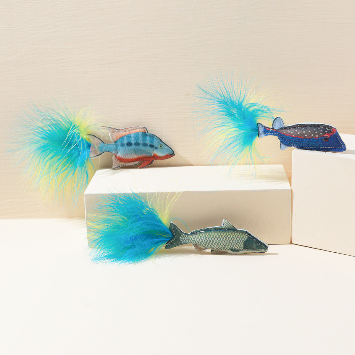 3 Pack Plush Fish Cat Toys with Fluffy Feather, Durable Cat Chew Toys for Kitten Teething, Cat Enrichment Gift