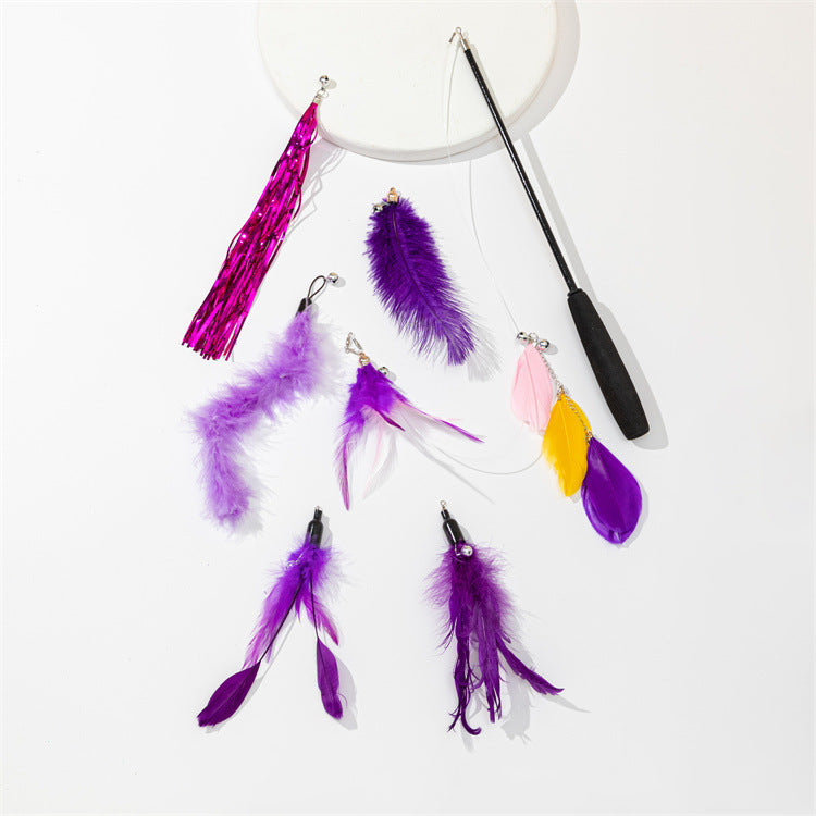 3-Section Retractable Cat Wand Toy with Feather, Crinkle Paper & Bell Ball Attachments, Interactive Teaser for Indoor Cats Kittens