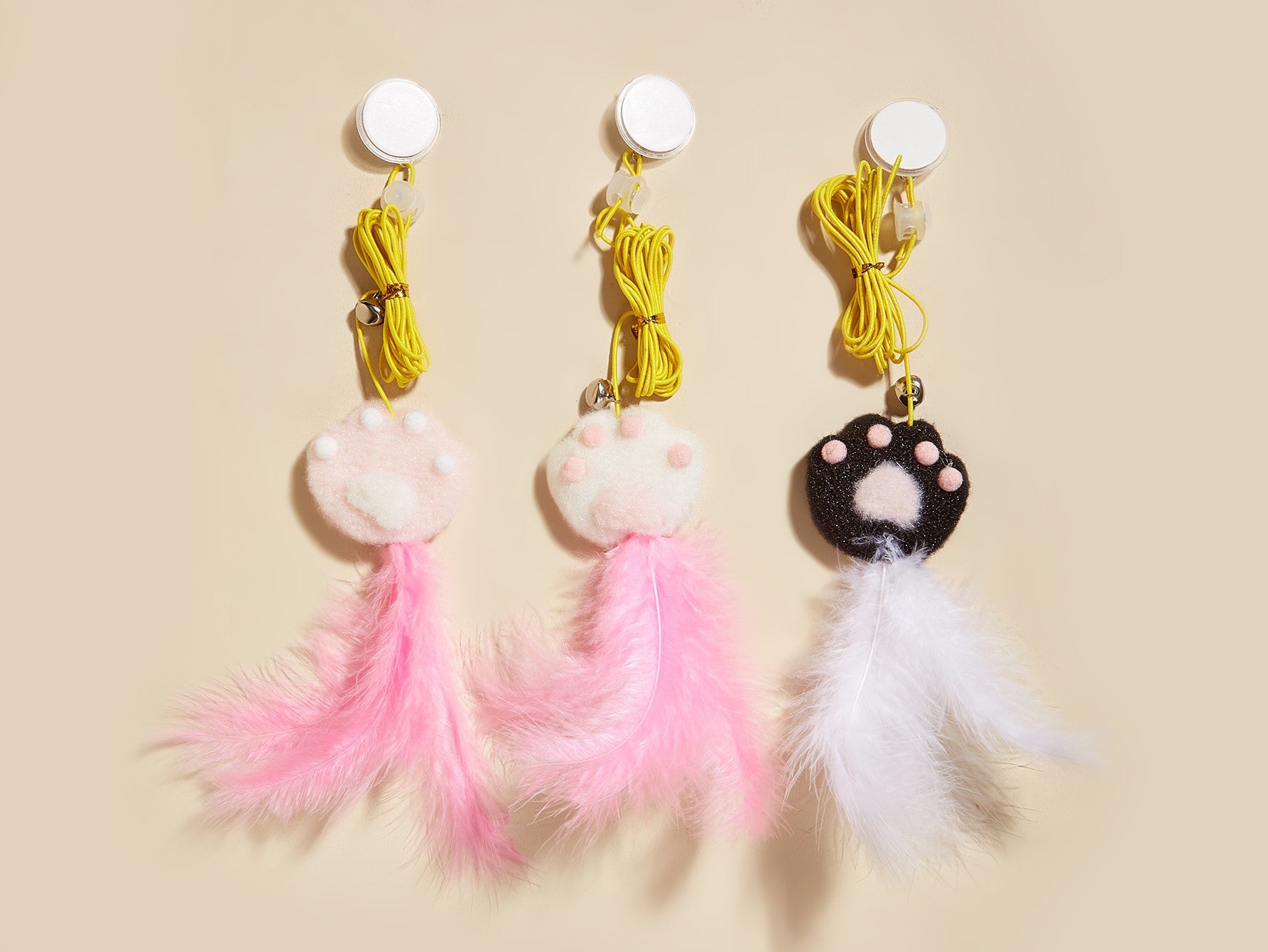 3Pcs Cat Paw Swing Hanging Feather Cat Toy with Bell & Suction Cup, Self-Play Interactive Kitten Teaser for Indoor Cats, Hands-Free Cat Enrichment Toy