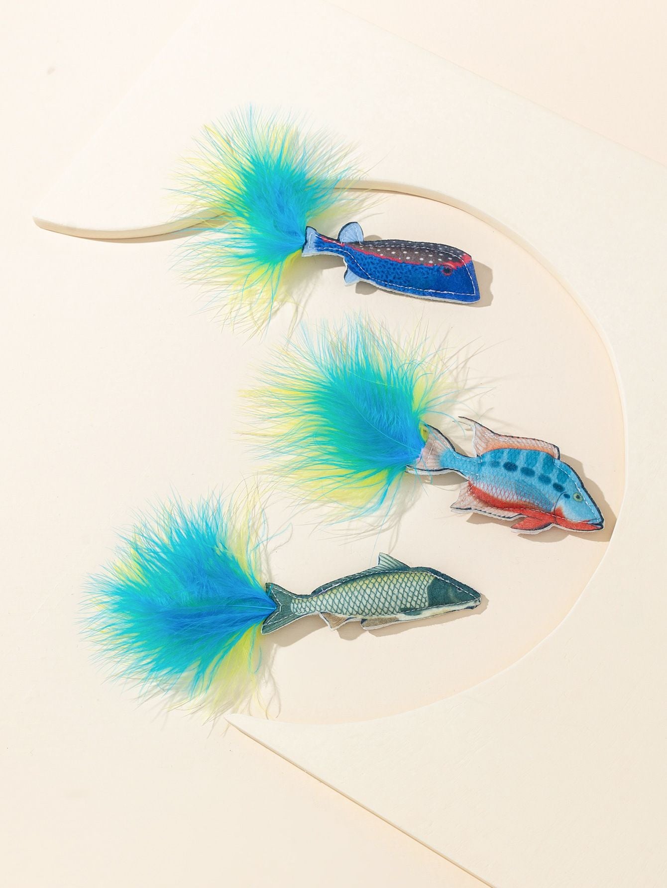 3 Pack Plush Fish Cat Toys with Fluffy Feather, Durable Cat Chew Toys for Kitten Teething, Cat Enrichment Gift
