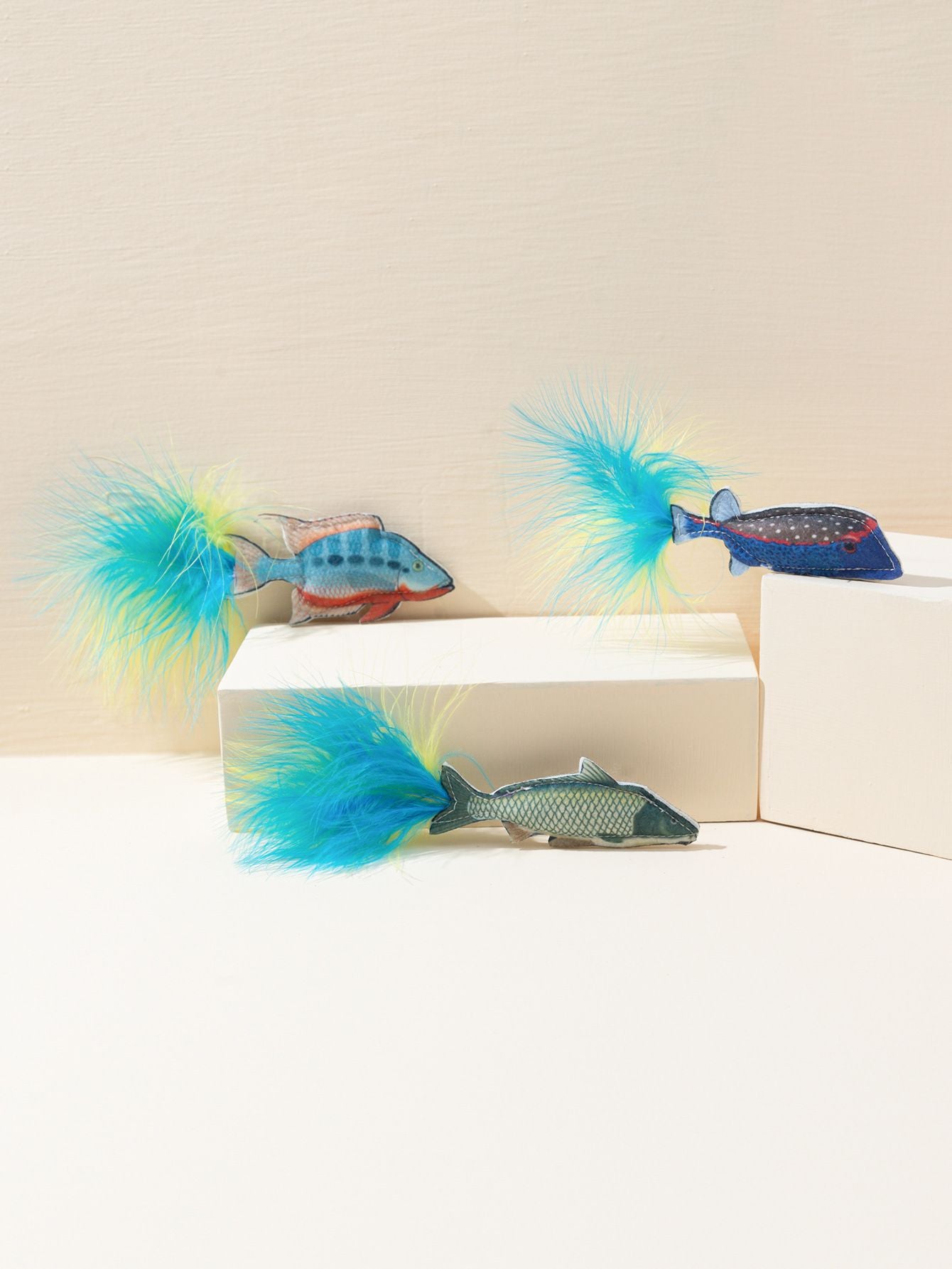 3 Pack Plush Fish Cat Toys with Fluffy Feather, Durable Cat Chew Toys for Kitten Teething, Cat Enrichment Gift