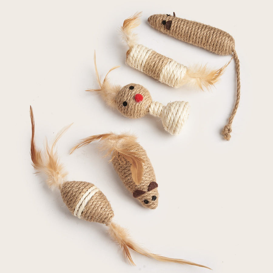 Pet Cat Teething Toy Durable Sisal Stick with Sound and Feather