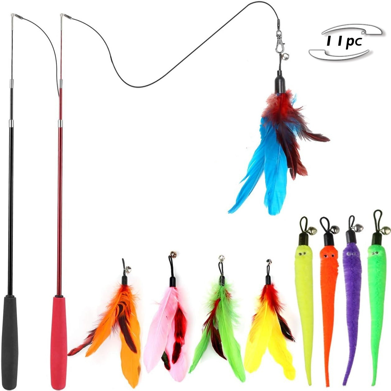 Retractable Cat Teaser Wand Toy Set with 11 Replaceable Feather & Worm Attachments – Interactive Hunting Toy for Indoor Cats