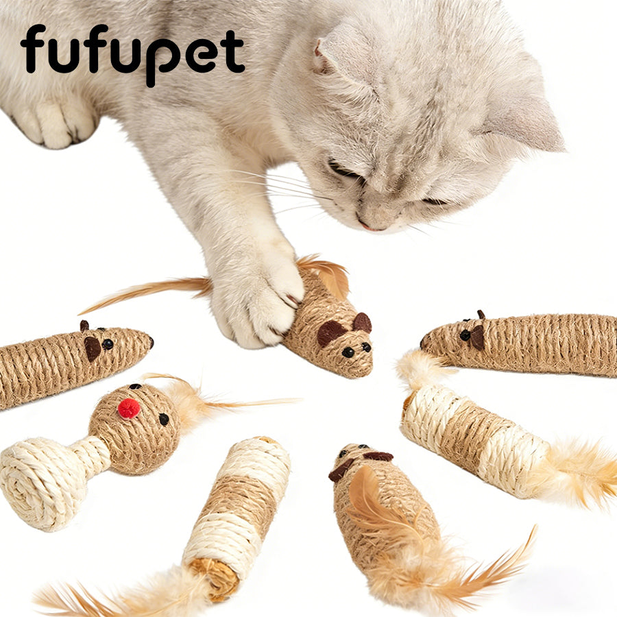 Pet Cat Teething Toy Durable Sisal Stick with Sound and Feather