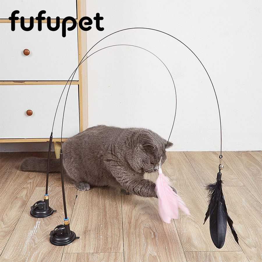 Interactive Cat Teaser Wand with Suction Cup, Butterfly & Feather Cat Toy for Indoor Cats, Self-Play Kitten Toy with Bell