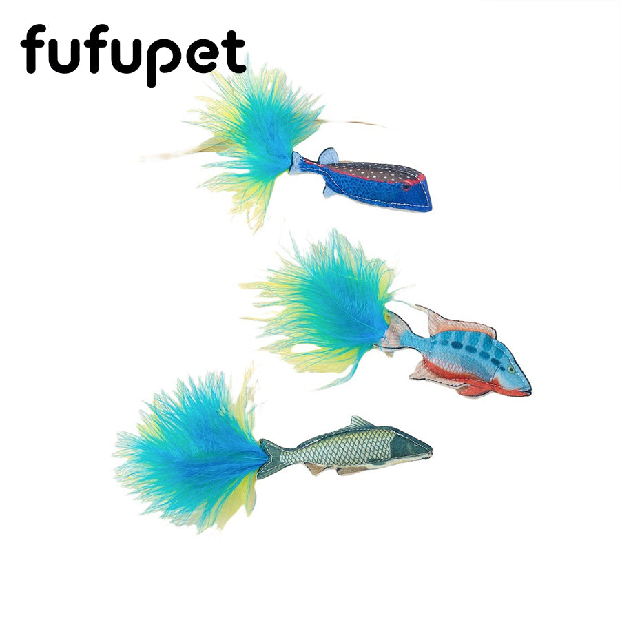 3 Pack Plush Fish Cat Toys with Fluffy Feather, Durable Cat Chew Toys for Kitten Teething, Cat Enrichment Gift