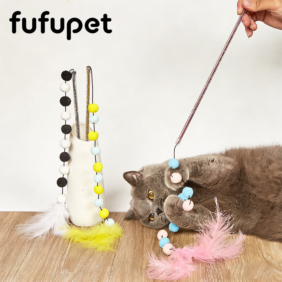 Interactive Cat Teaser Wand with Pom Poms & Feather, Plush Ball Cat Toy for Kitten Play, Exercise & Training