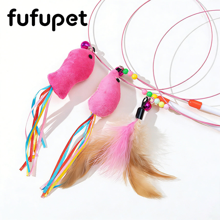 37.4" Durable Steel Wire Cat Teaser Wand | Interactive Feather/Mouse Cat Toy with Bell
