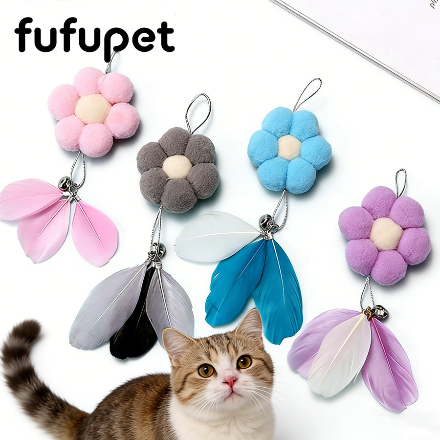 Cute Flower Cat Teaser Wand Refill, Interactive Feather Cat Toy with Bell for Kitten & Adult Cats, Replacement Head for Cat Wand, Pet Play Toy for Indoor Cats Exercise & Boredom Relief