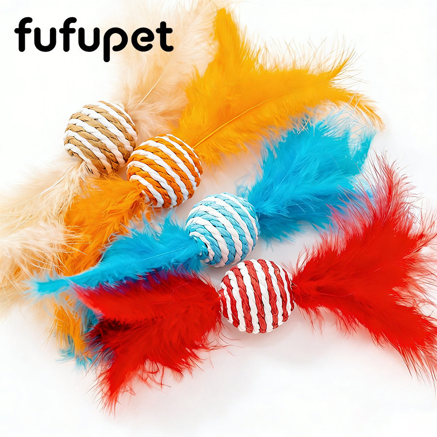 Colorful Striped Sisal Cat Ball Toy with Feather Tassels – Durable Pet Plaything for Cats & Kittens