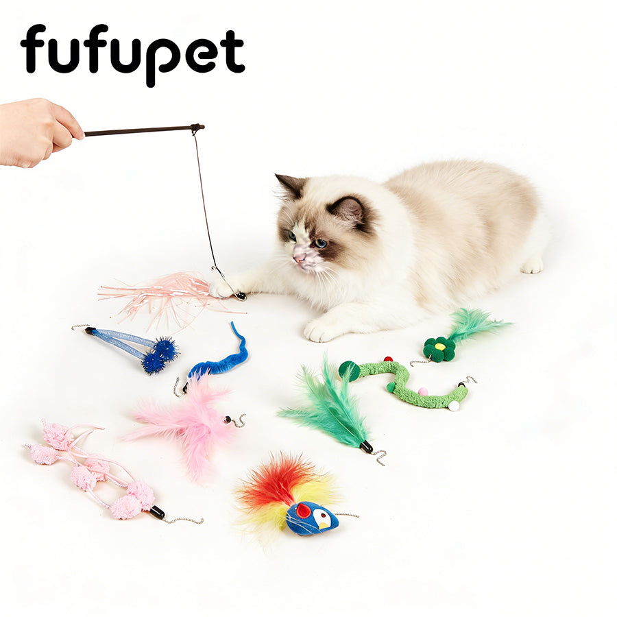3-Section Retractable Cat Wand Toy with Feather, Crinkle Paper & Bell Ball Attachments, Interactive Teaser for Indoor Cats Kittens