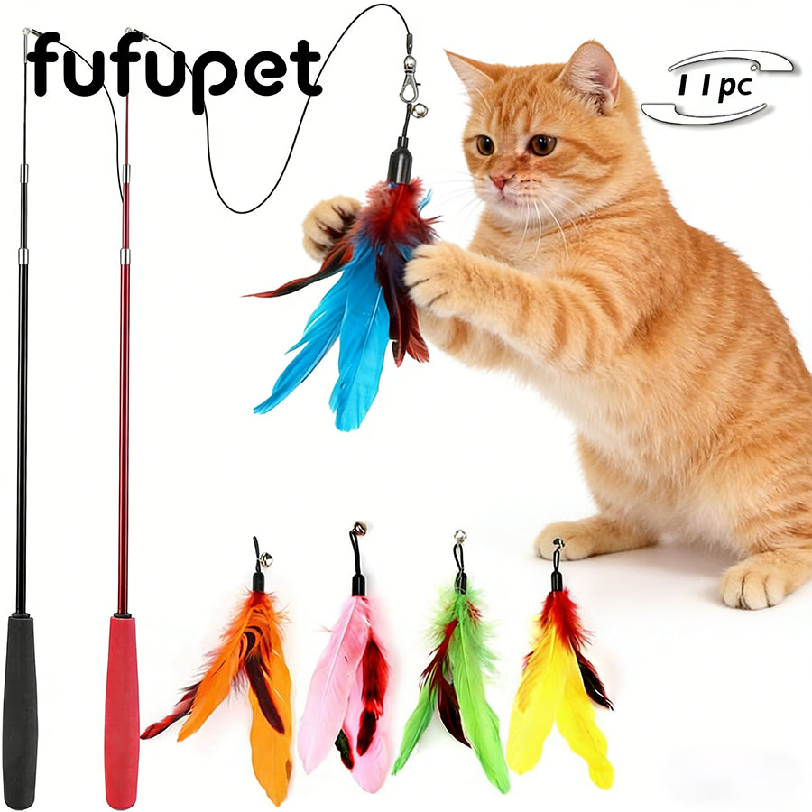 Retractable Cat Teaser Wand Toy Set with 11 Replaceable Feather & Worm Attachments – Interactive Hunting Toy for Indoor Cats