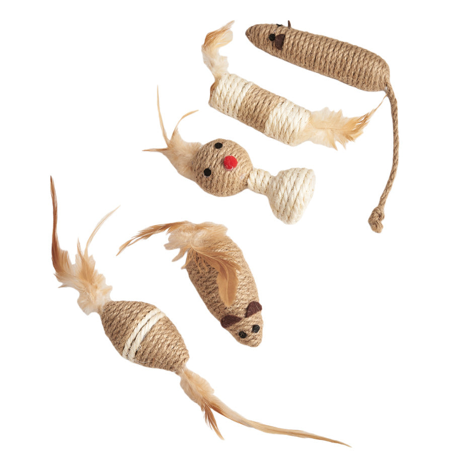 Pet Cat Teething Toy Durable Sisal Stick with Sound and Feather