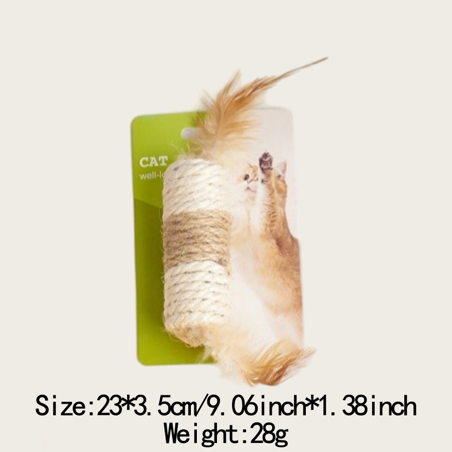 Pet Cat Teething Toy Durable Sisal Stick with Sound and Feather