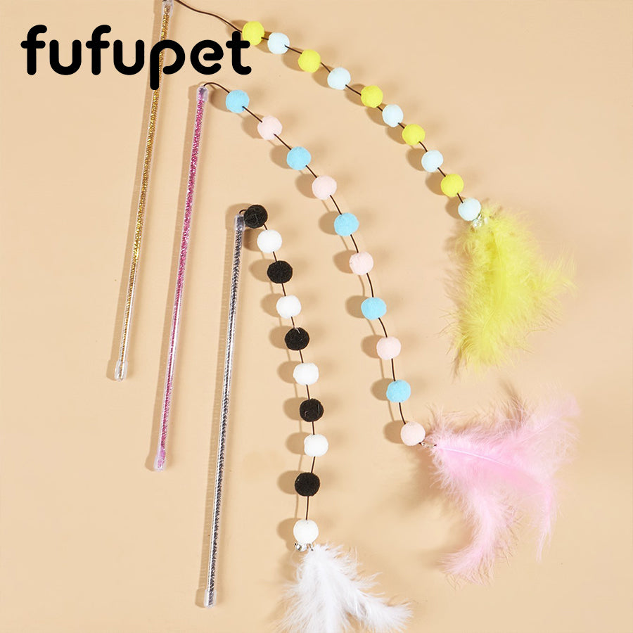 Interactive Cat Teaser Wand with Pom Poms & Feather, Plush Ball Cat Toy for Kitten Play, Exercise & Training