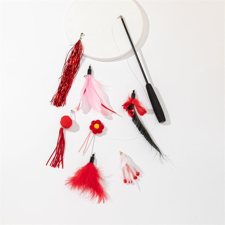 3-Section Retractable Cat Wand Toy with Feather, Crinkle Paper & Bell Ball Attachments, Interactive Teaser for Indoor Cats Kittens