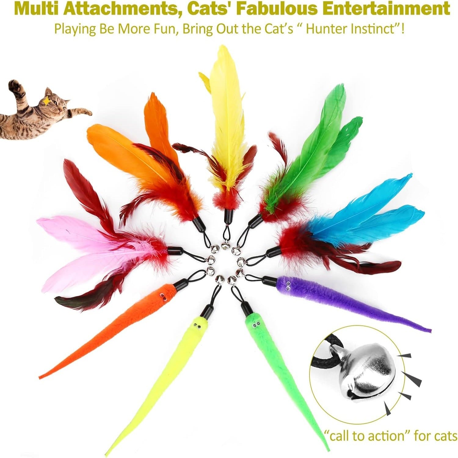 Retractable Cat Teaser Wand Toy Set with 11 Replaceable Feather & Worm Attachments – Interactive Hunting Toy for Indoor Cats