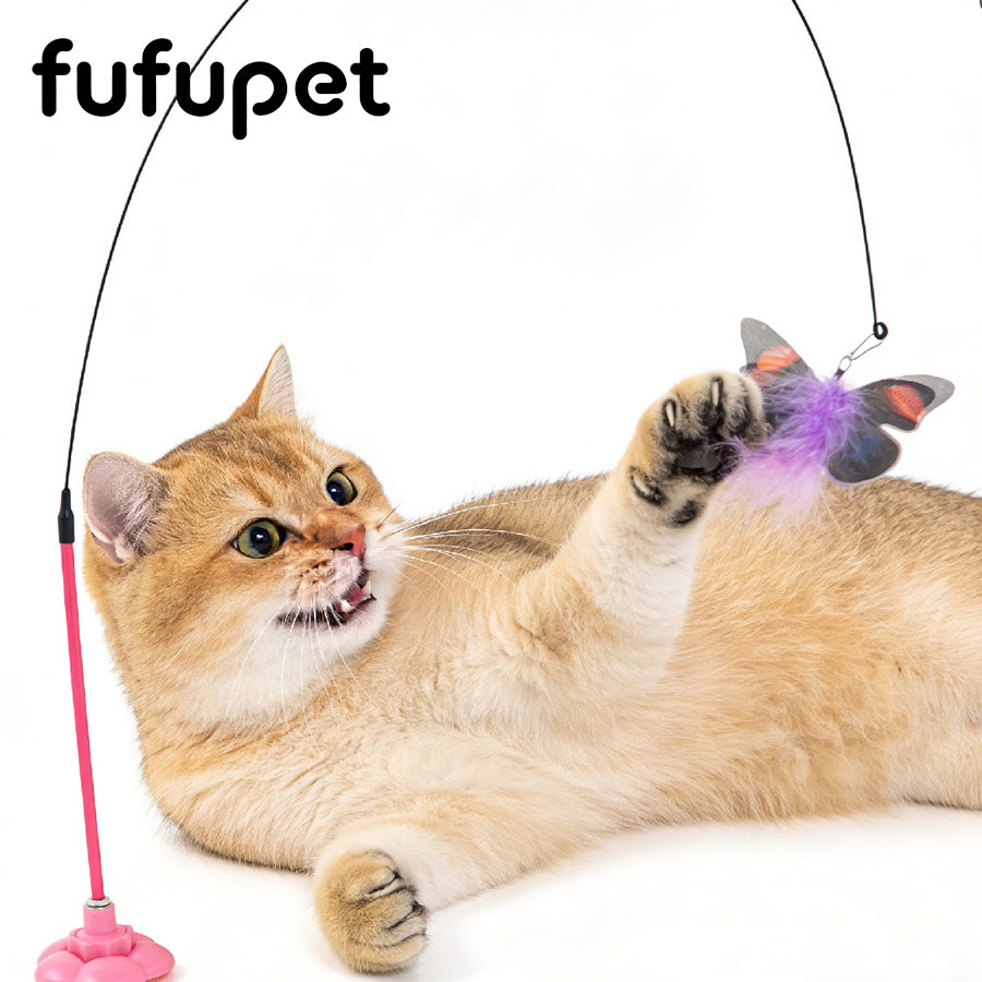Interactive Cat Teaser Wand with Suction Cup, Butterfly & Feather Cat Toy for Indoor Cats, Self-Play Kitten Toy with Bell