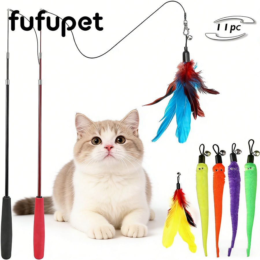 Retractable Cat Teaser Wand Toy Set with 11 Replaceable Feather & Worm Attachments – Interactive Hunting Toy for Indoor Cats