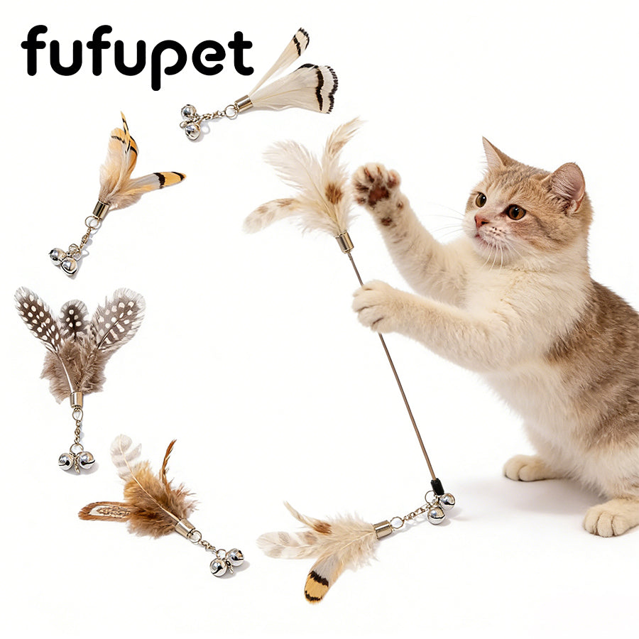 Natural Feather Cat Toy Refill with Bell – Interactive Cat Wand Replacement Head for Kitten Play & Hunting Training