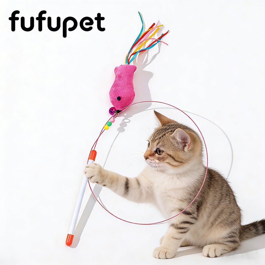 37.4" Durable Steel Wire Cat Teaser Wand | Interactive Feather/Mouse Cat Toy with Bell