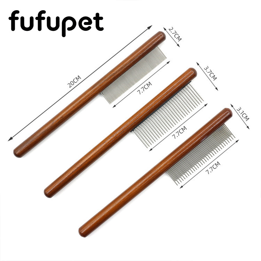 Wooden Handle Pet Grooming Comb, Professional Cat &amp; Dog Dematting Comb with Stainless Steel Teeth, Dense/Wide/Dual-Length Teeth Options for Detangling, Removing Loose Hair &amp; Fleas