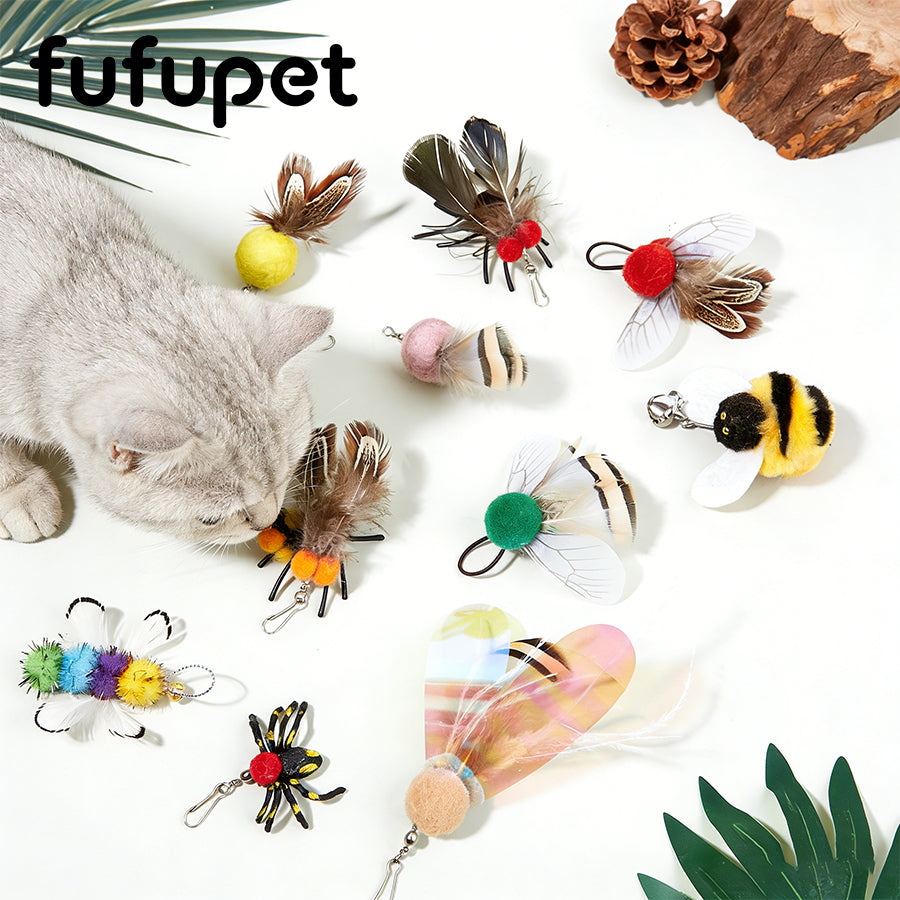 Interactive Feather Cat Teaser Refill Set - Assorted Insect & Bug Replacement Heads for Cat Wand Toys, Interactive Play for Kittens & Adult Cats