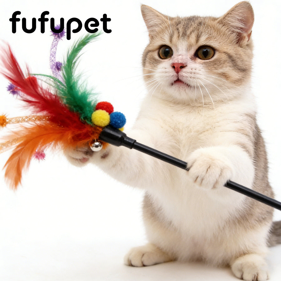 Interactive Feather Cat Teaser Wand with Bell, Colorful Kitten Toys for Indoor Cats, Durable Cat Chase Toys for Exercise & Boredom Relief