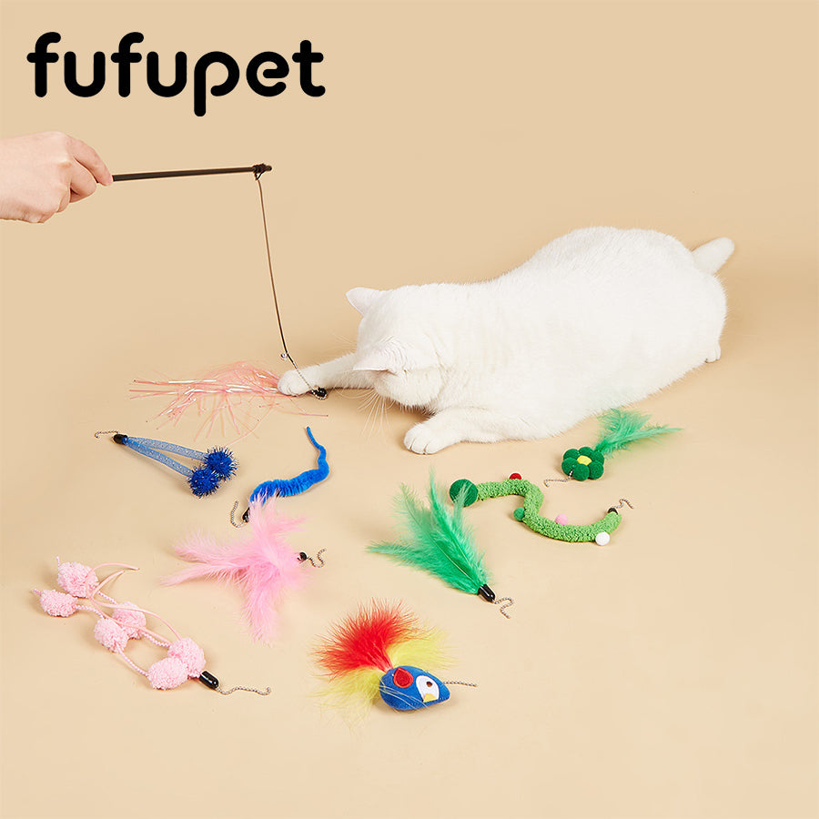 3-Section Retractable Cat Wand Toy with Feather, Crinkle Paper & Bell Ball Attachments, Interactive Teaser for Indoor Cats Kittens