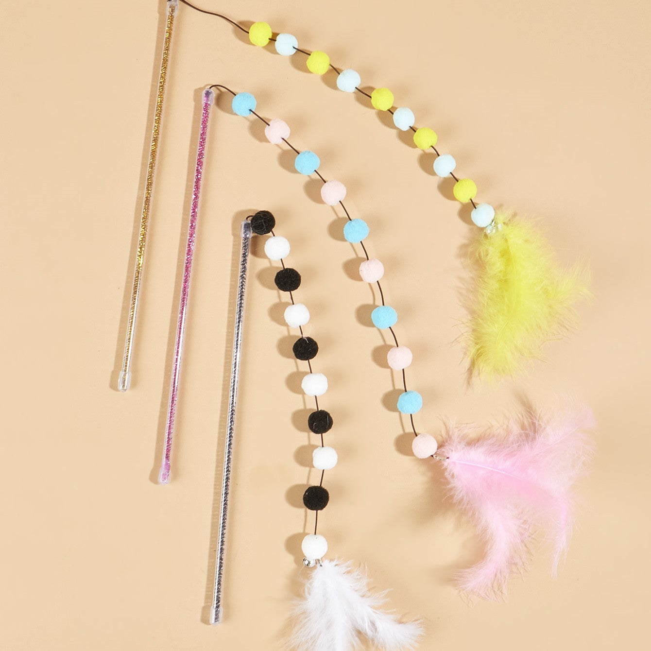 Interactive Cat Teaser Wand with Pom Poms & Feather, Plush Ball Cat Toy for Kitten Play, Exercise & Training