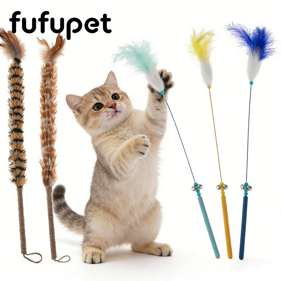 Interactive Feather Cat Wand Toy Set - Engaging Teaser Sticks with Bell for Kitten & Cat Play