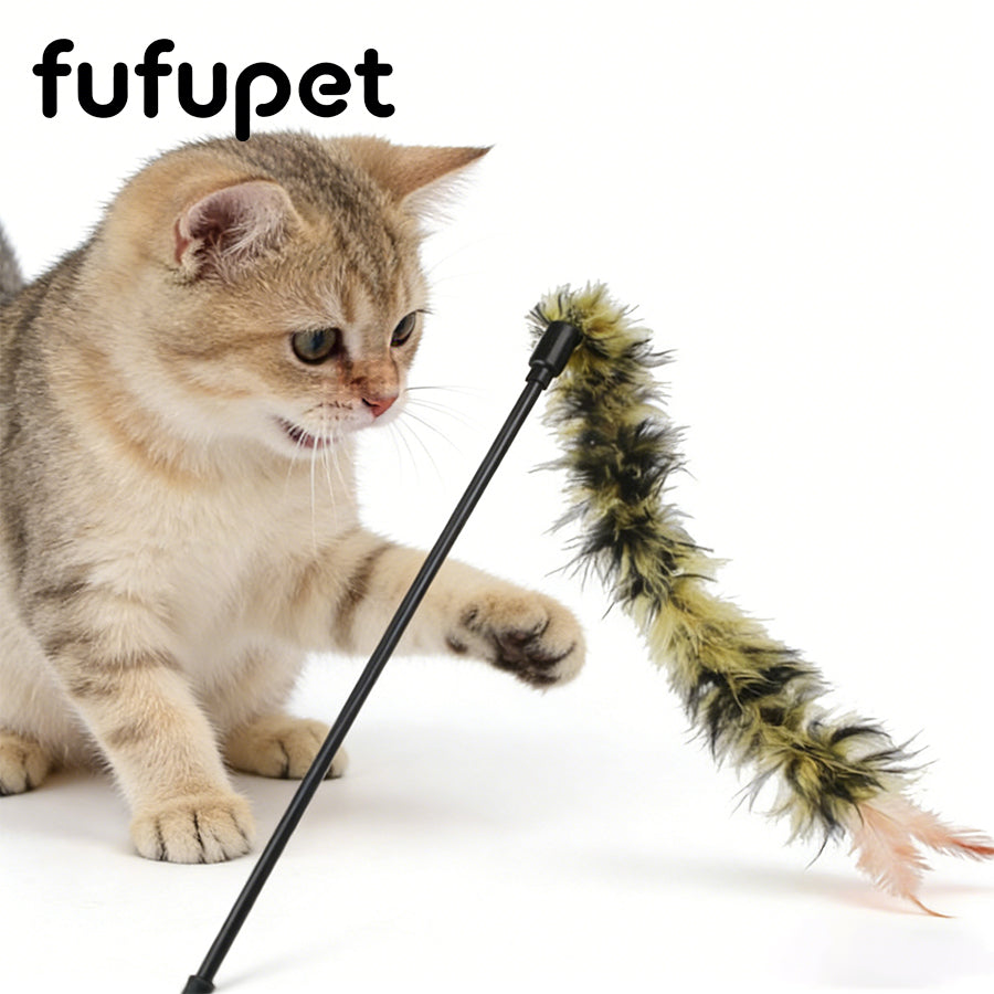 Long Fluffy Feather Cat Teaser Wand, Interactive Cat Toy with Soft Plush Tail for Kitten & Adult Cat, Durable Cat Chase Toy for Exercise & Boredom Relief