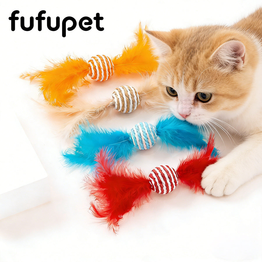 Colorful Striped Sisal Cat Ball Toy with Feather Tassels – Durable Pet Plaything for Cats & Kittens