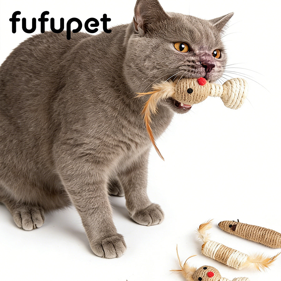 Pet Cat Teething Toy Durable Sisal Stick with Sound and Feather