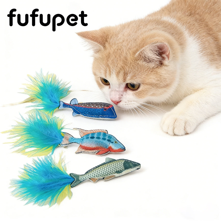 3 Pack Plush Fish Cat Toys with Fluffy Feather, Durable Cat Chew Toys for Kitten Teething, Cat Enrichment Gift