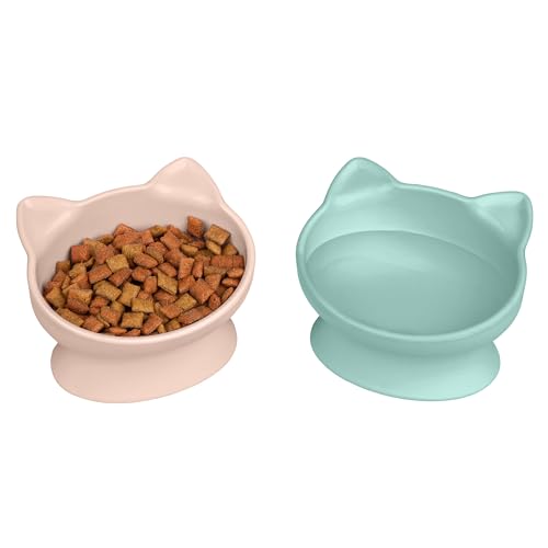 Kitty City Elevated Cat Bowls (Set of 2), Whisker-Friendly Raised Cat Food & Water Dishes, Modern Pedestal Design, Dishwasher Safe, 6.5 oz Each – White & Gray - Pink & Teal / Small