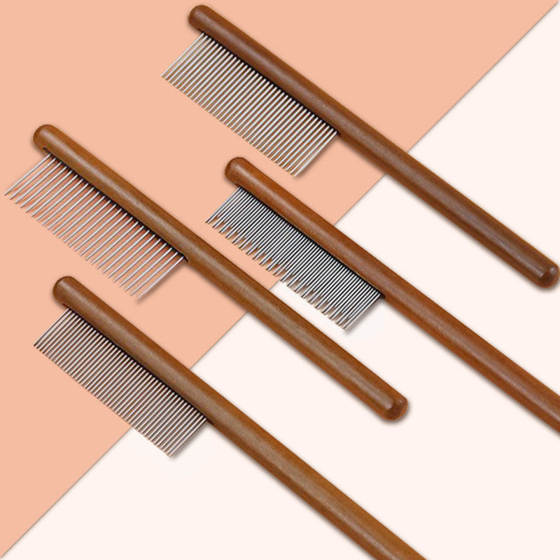 Wooden Handle Pet Grooming Comb, Professional Cat &amp; Dog Dematting Comb with Stainless Steel Teeth, Dense/Wide/Dual-Length Teeth Options for Detangling, Removing Loose Hair &amp; Fleas