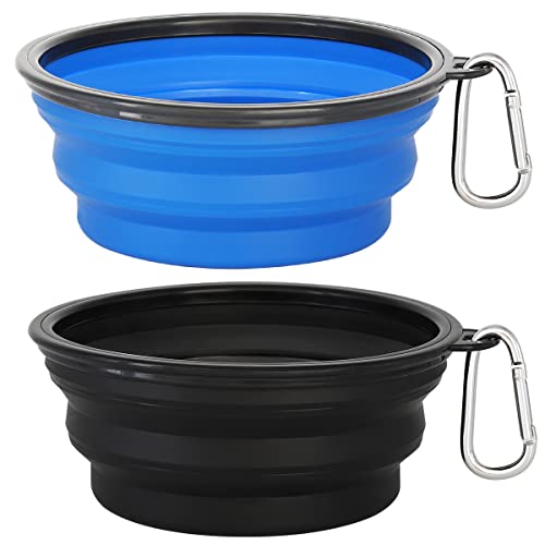 Kytely Large Collapsible Dog Bowls 2 Pack, 34oz Foldable Dog Travel Bowl, Portable Pet Water Food Bowl with Clasp, Pet Cat Feeding Cup Dish for Traveling, Walking, Hiking (Black+Blue) - Blue & Black
