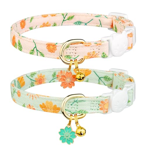 2 Pack Cotton Breakaway Cat Collar Green and Yellow Flowers Pendant Cute Kitten Cat Collar with Bell - Beige&Green