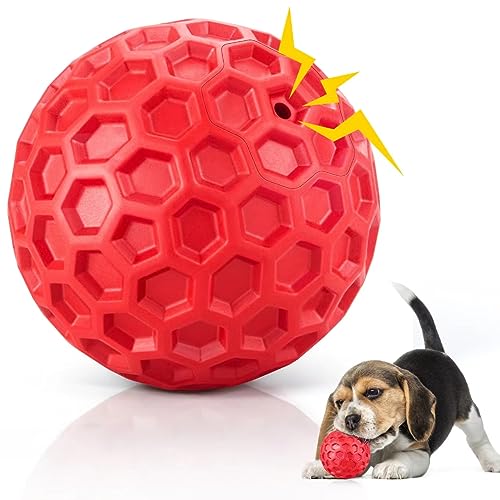 DISSKNIC Indestructible Squeaky Dog Ball, Relieves Anxiety, Cleans Teeth, Interactive Chew Toy for Aggressive Chewers, Dog Toy for Large Breeds, Outdoor Waterproof - Large / Red