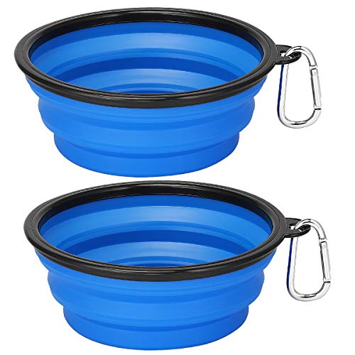 Kytely Large Collapsible Dog Bowls 2 Pack, 34oz Foldable Dog Travel Bowl, Portable Pet Water Food Bowl with Clasp, Pet Cat Feeding Cup Dish for Traveling, Walking, Hiking (Black+Blue) - Blue & Blue